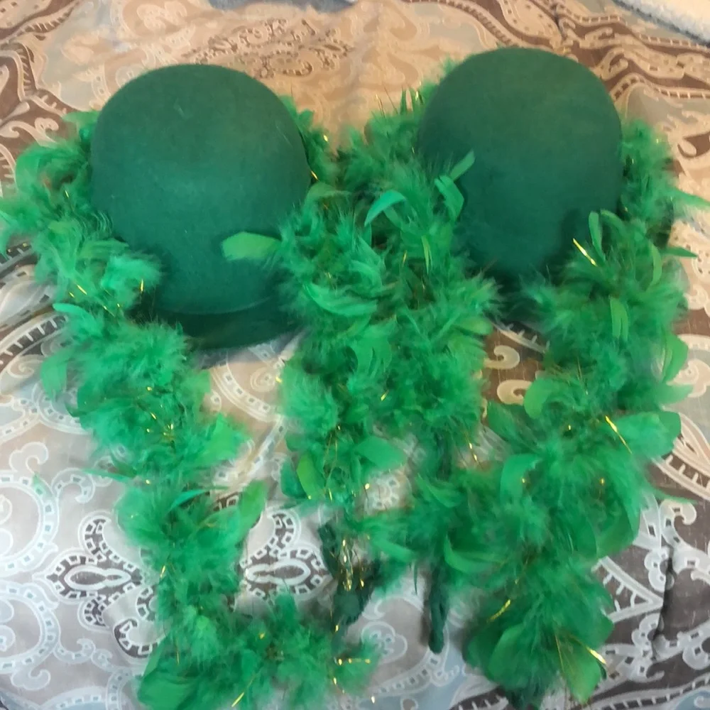 2 St. Patrick’s Day hats with green feather boas